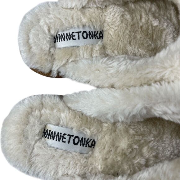 Minnetonka Women’s Mule Slippers 10M Tan Suede Faux Fur Lined Slip-On Comfort - Picture 10 of 11